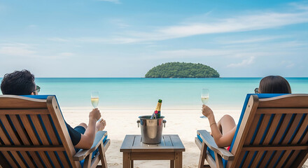 A couple relaxes in beach chairs with champagne, enjoying a romantic vacation on a tropical island with a stunning ocean view