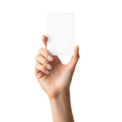 Female hand holding a blank vertical business card or flyer mockup. Isolated on transparent background, png