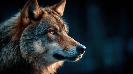 Wolf in profile with intense gaze, exquisitely detailed fur on dark background. Ideal for wildlife, power, and nature themes.