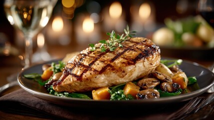 Grilled chicken with roasted potatoes, mushrooms, and squash, garnished with fresh herbs on a rustic table. Ideal for restaurant menus or food blogs.