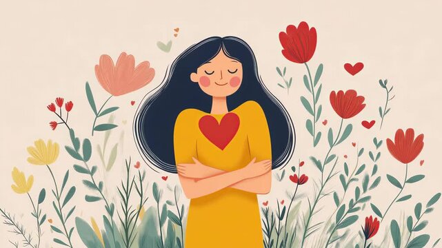 smiling woman embracing herself among blooming flowers, symbolizing self-love and emotional well-being. High quality 4k footage