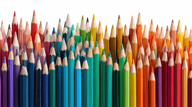 A spectrum of colored pencils creates a captivating wavelike display isolated on transparent background