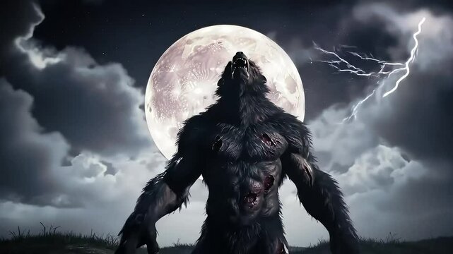 Werewolf Howling at Blood Red Moon on Hilltop
