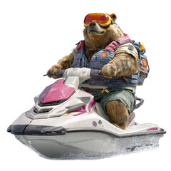A brown bear wearing goggles and a life vest rides a jet ski on the water