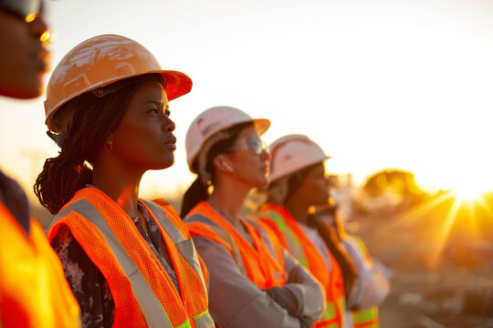 Inclusive image of a multiethnic team of female construction workers, professional portrait of a diverse group of tradeswoman builders, copy space	
