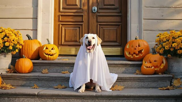 Cute dog wearing ghost costume in autumn home stairs decorated with fallen leaves and jack-o-lantern pumpkin. Happy Halloween