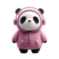 Fluffy cartoon panda wearing pink hooded sweatshirt and headphones on transparent background