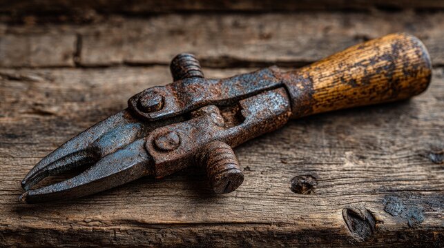 Old rusty metal pliers with wooden handle sitting on rustic wooden planks showing age and wear