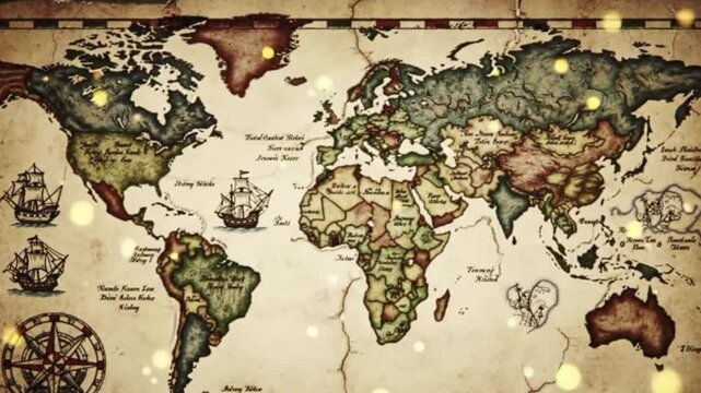 Slow Zoom into Glowing Ancient World Map with Parchment Texture and Floating Dust Particles