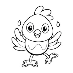 Obraz premium A little chick dancing in a puddle for kids coloring book vector illustration.