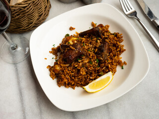 Sea paella is traditional Spanish dish, prepared using shrimp, mussels, shellfish and complemented...