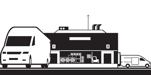 Pickups loading pallets from warehouse - vector illustration