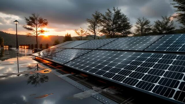 Rows of solar panels on a rooftop glistening in sunset after rainfall