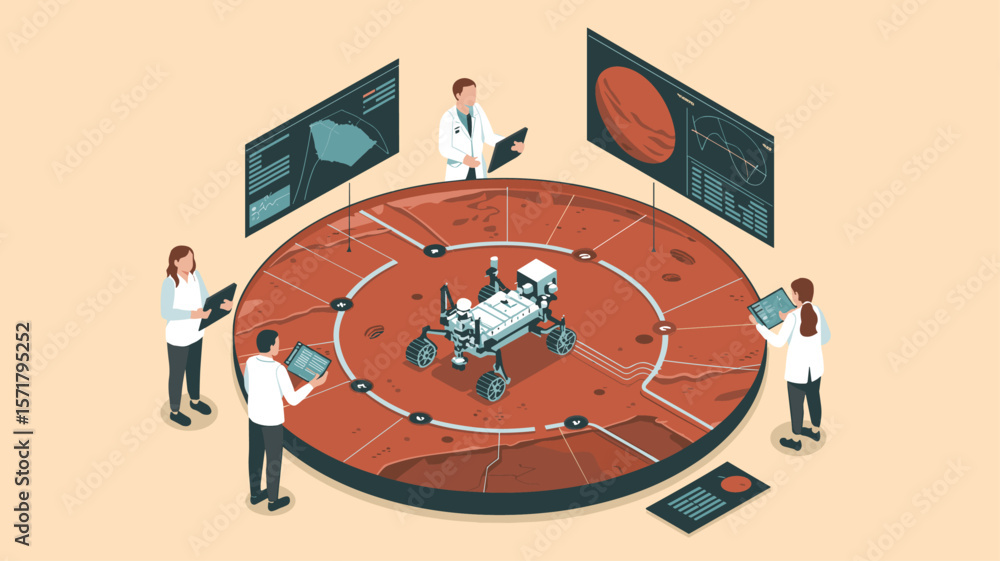 Poster scientists and engineers testing mars rover in a simulation lab, isometric vector illustration for a