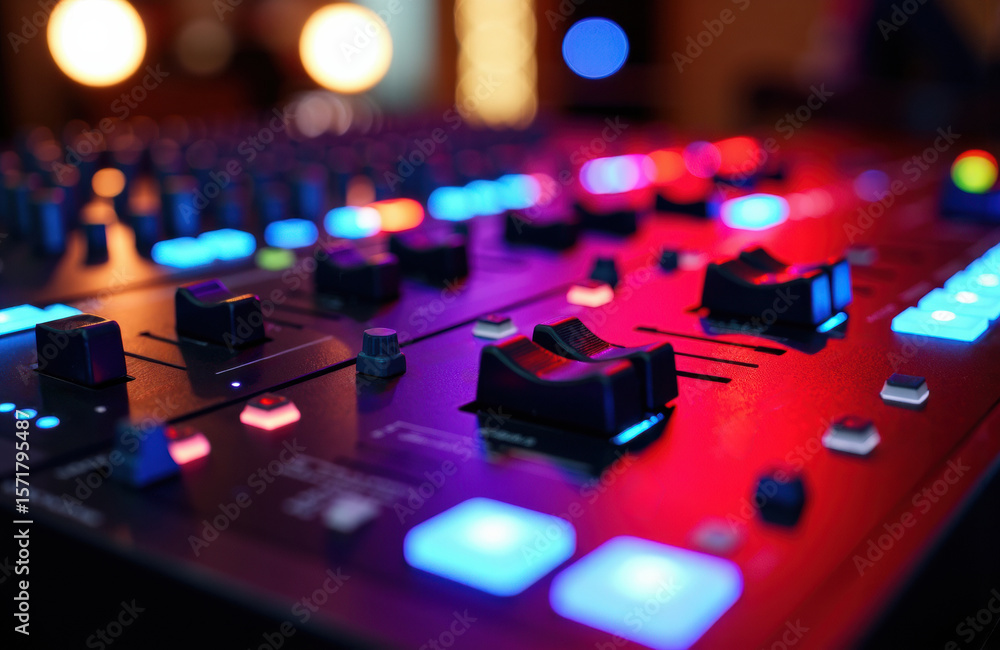 Poster close-up of a colorful dj mixer with illuminated buttons and knobs in a vibrant setting