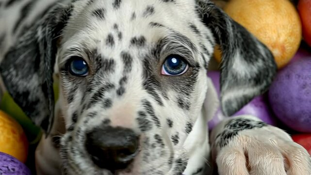 Close-up of a Dalmatian puppy with striking blue eyes.