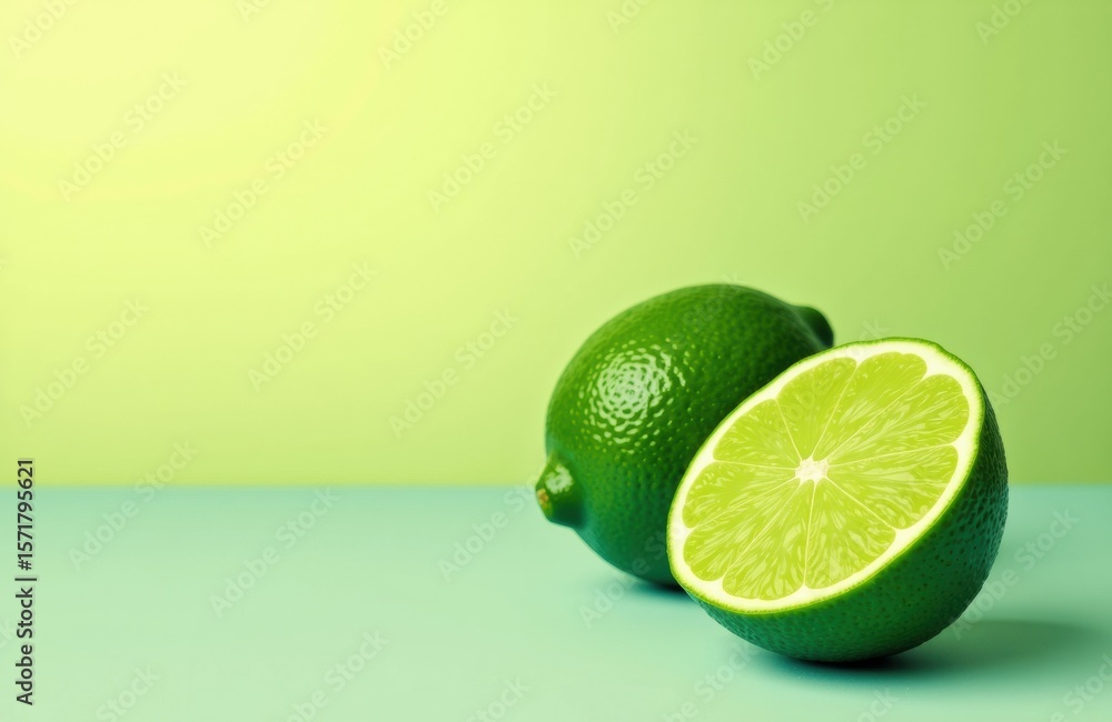 Poster lime sliced in half with whole lime on a colorful gradient background