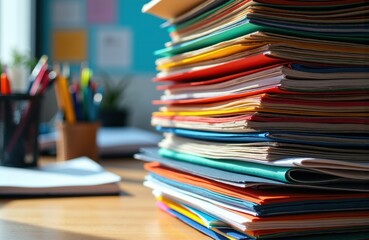 Stack of colorful folders and papers on a wooden desk in an office environment