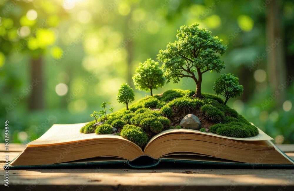Poster a miniature landscape with trees and moss growing on an open book in a lush forest setting