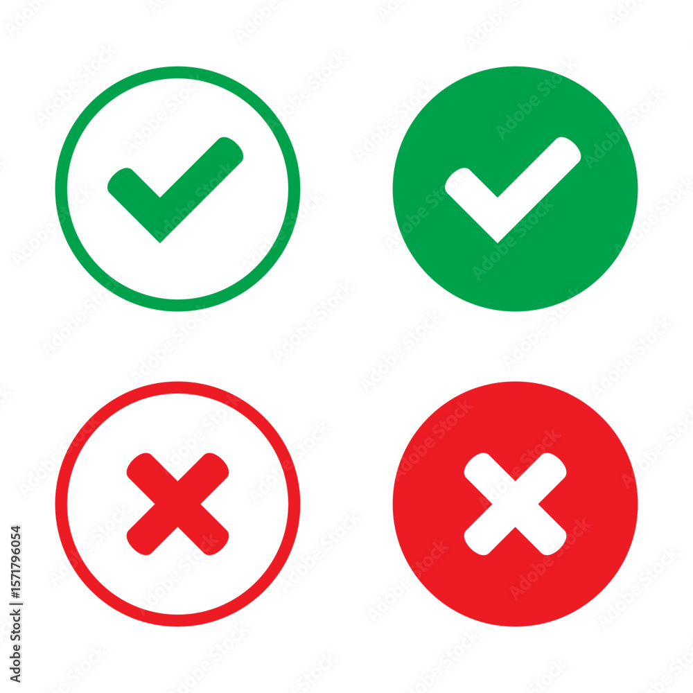 Aufkleber right or wrong icons. green tick and red cross checkmarks in circle flat icons. yes or no symbol, ap