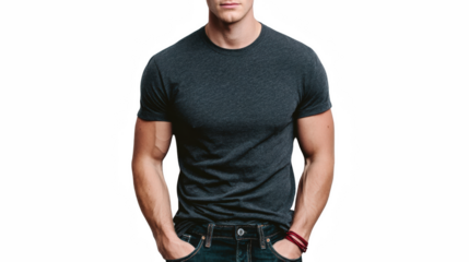 A young, muscular man confidently poses in a dark gray tshirt and jeans against a clean transparent background