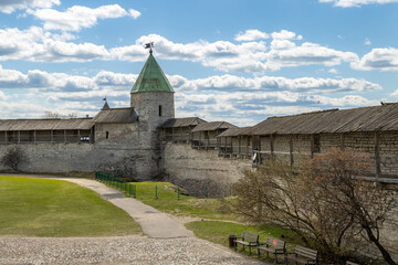 Dovmont Tower in Pskov Kremlin - 19th century neo-Gothic reconstruction with warrior weathervane....