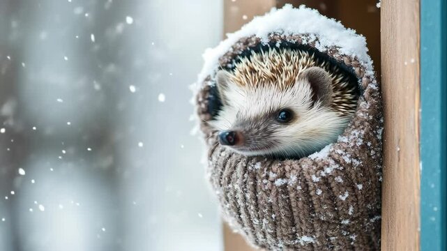 Cute hedgehog peeking out from warm wool sock in snowy winter scene. High quality 4k footage