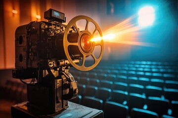 An old-fashioned film projector shines brightly in a vintage movie theater with rows of empty seats, evoking nostalgia.