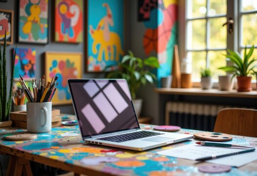 Creative workspace with colorful artwork, a laptop, and art supplies in a vibrant studio setting