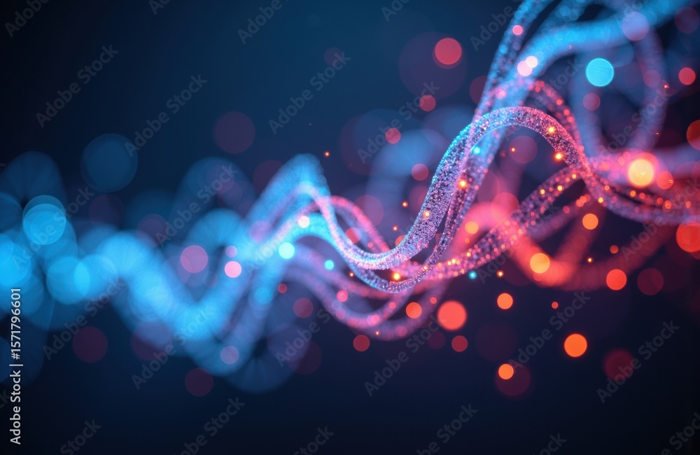 Poster colorful digital wave with glowing particles creating dynamic movement and energy in a dark backgrou