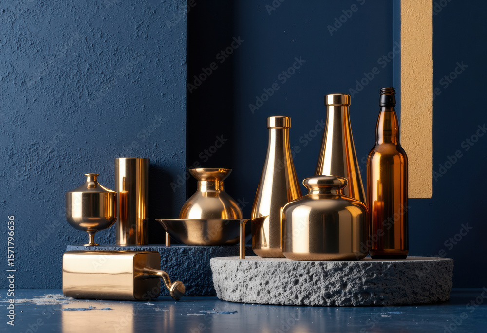 Poster elegant metallic bottles and containers arranged on a textured stone platform against a deep blue ba