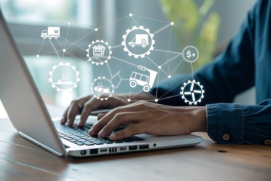 Logistic and transport concept, Businessman using laptop with supply chain technology for logistic management, organizing and controlling resources to meet the needs of customers.