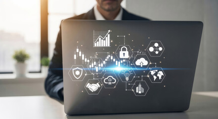 Businessman using laptop with digital interface with icons of growth, network security, cloud technology, partnership and global connectivity. Digital transformation in secure data ecosystems
