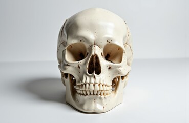 Fototapeta premium A realistic human skull model displayed on a plain white surface