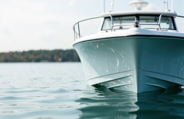 Fototapeta premium A luxury yacht floating on calm water with a scenic shoreline in the background