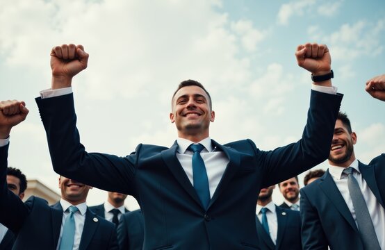 Confident businessman celebrating success with team outdoors