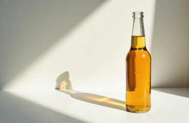 Fototapeta premium A glass bottle filled with amber-colored liquid standing on a white surface with shadow and light effects