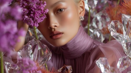 Fototapeta premium Model poses gracefully among vibrant flowers and sparkling crystals in a beautiful indoor setting