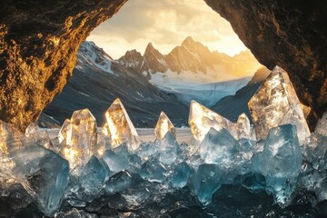 Glistening crystals illuminated inside a cave overlook a breathtaking vista of snow-capped mountains at sunset.