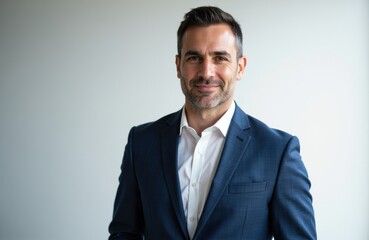 A professional man in a navy suit smiling confidently against a plain light background