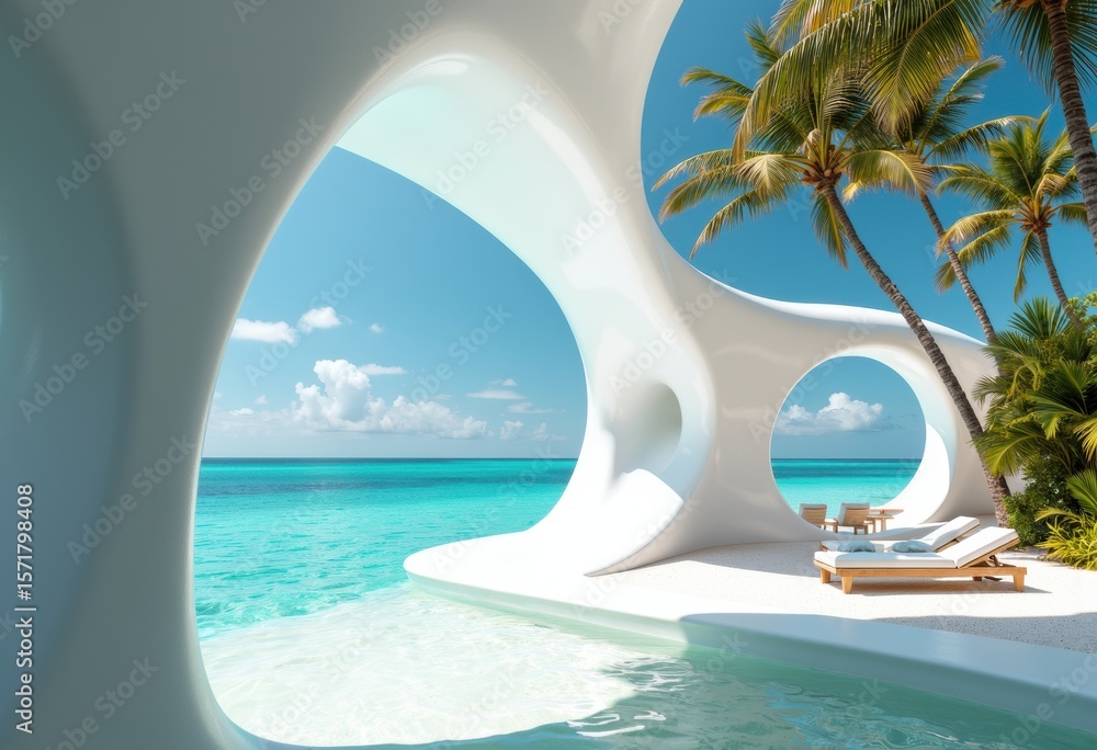 Poster modern architectural design overlooking a serene ocean view with palm trees