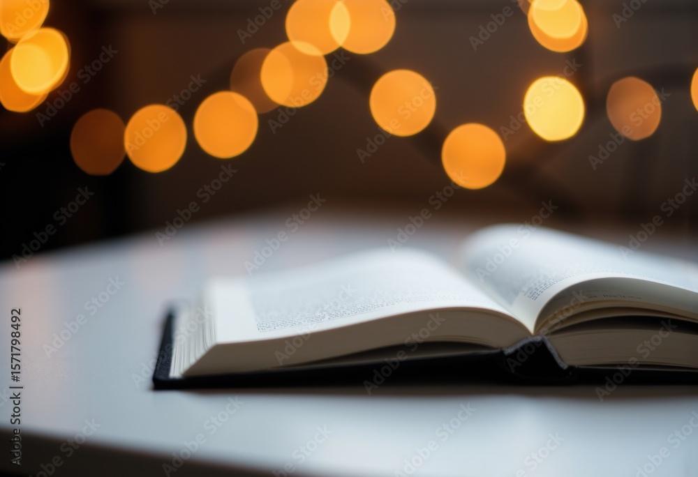 Poster open book resting on a table with blurred warm bokeh lights in the background