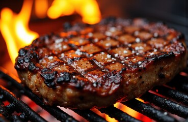 Steak with grill marks cooking over open flame on barbecue grill
