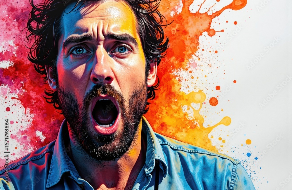 Poster man with surprised or shocked expression against a colorful paint splash background