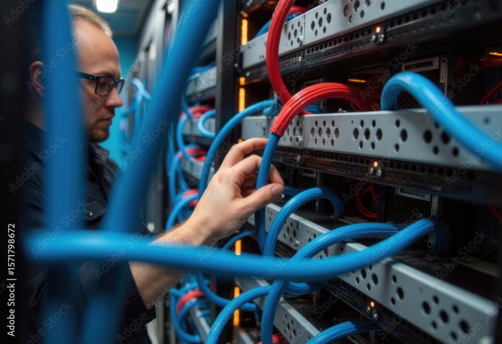 Poster technician organizing network cables in a server room for optimal performance