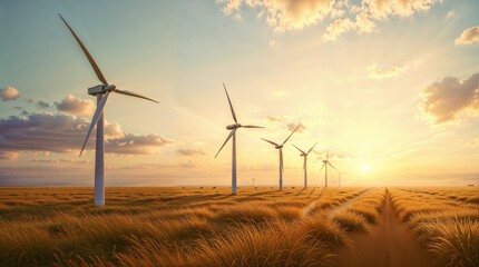 Fototapeta premium Majestic Power: Wind Turbines Against a Sunset Sky