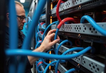 Technician organizing network cables in a server room for optimal performance