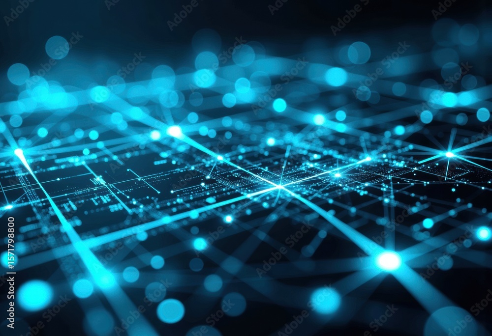 Poster abstract digital network with glowing blue dots and lines on a dark background