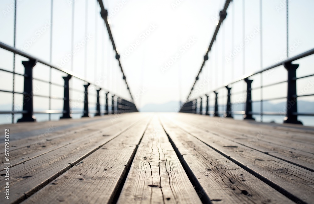 Poster a wooden bridge extends into the distance with metal railings on both sides, creating a sense of dep