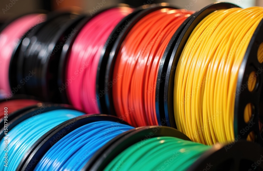 Poster colorful spools of filament for 3d printing arranged in a row